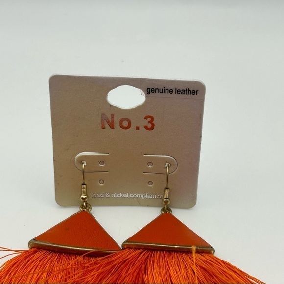 No. 3 Orange Genuine Leather Dangle Large Tassel Earrings Gold Tone Hook - Picture 3 of 6
